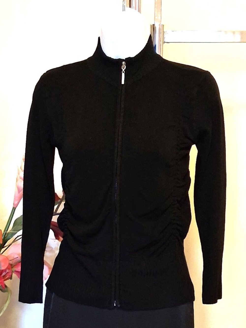 Quality Structured Knit Zip-Up Cardigan Sweater Women S Office Fall Winter Black